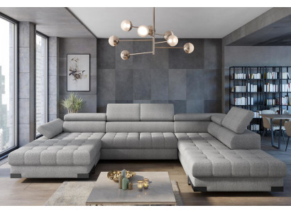 Woonlandschap hoekbank stof U-vorm slaapfunctie bankstel design stofbekleding hoek.