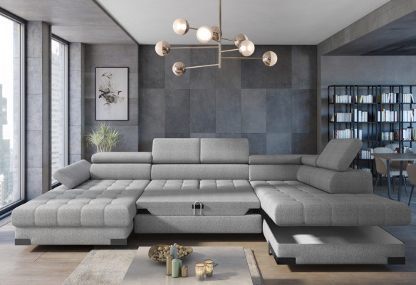 Woonlandschap hoekbank stof U-vorm slaapfunctie bankstel design stofbekleding hoek.