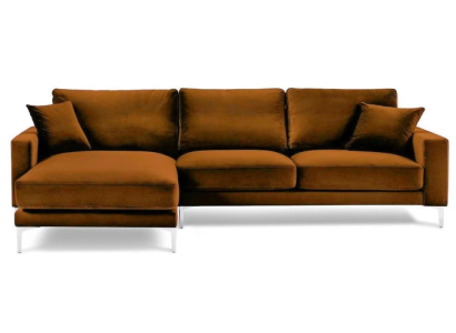 Oranje hoekbank van stof voor in de woonkamer, designbanken gestoffeerde banken, oranje fluwelen bankstellen.