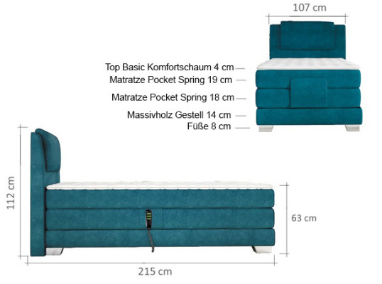 BOXSPRINGBED ONTWERP BED TOPPER GEVEERDE KERN POLSTERBETT 100 x 200 cm ELEKTRISCH