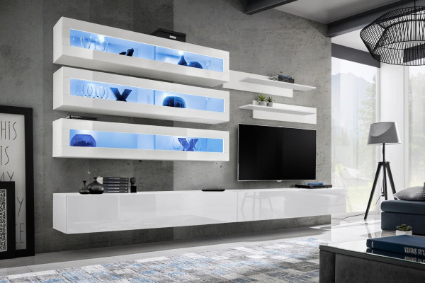 Garnituur 7-delige Woonkamerset in designer stijl met woonwand, tv-standaard en 2 muurrekken.