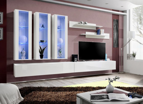 Wit woonwand ontwerper hangende vitrine TV-standaard dressoir hout modern.