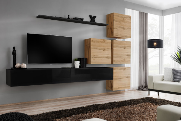 Set van 7 stuks. Woonkamer TV-standaard Hout Luxe Set Groep Wandkast