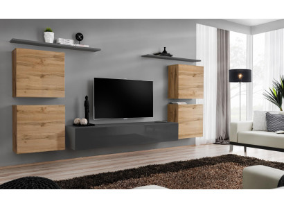 Houten meubilair woonkamer grijs wandplank luxe inrichting nieuw
