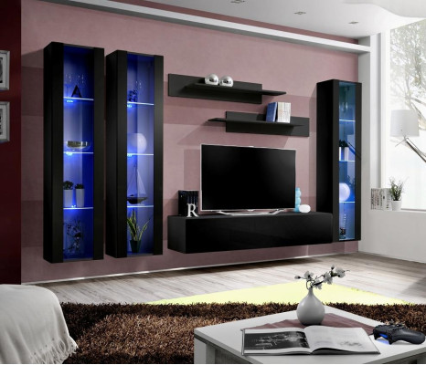 Zwart woonwand hangende vitrine set 6-delig woonkamerset modern houten meubels