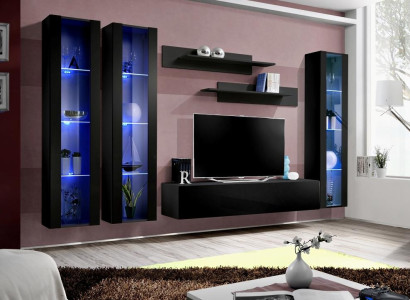 Zwart woonwand hangende vitrine set 6-delig woonkamerset modern houten meubels