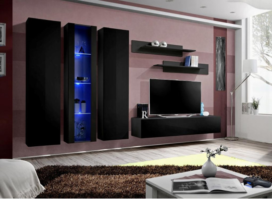 Houten meubels woonkamer wandkast zwart tv-standaard set hangende vitrine