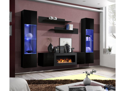 Ontwerper Zwarte woonwand Houten meubels Hangende vitrine Luxe dressoir Wandplanken