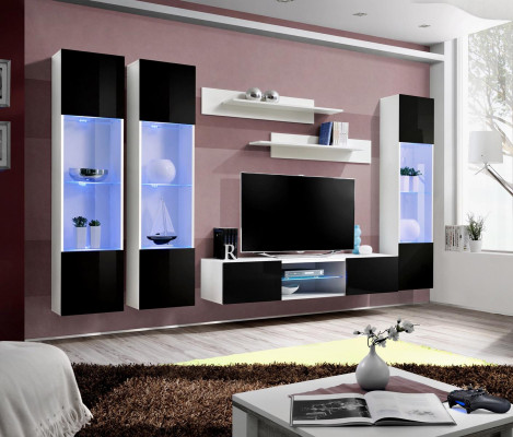 Woonwand TV-standaard dressoir hangende vitrine hout wit luxe woonkamer