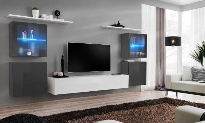 Wit hoogglans woonwand ontworpen wandkast wandrekken hout luxe meubels.