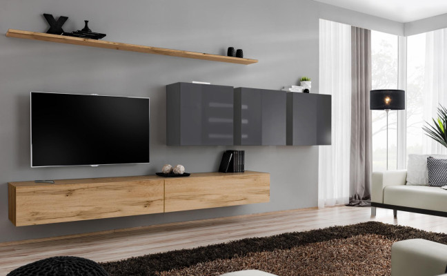 Bruine woonwand woonkamer wandkast wandplank kast designmeubels