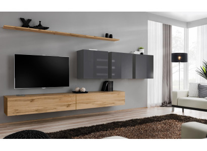 Bruine woonwand woonkamer wandkast wandplank kast designmeubels