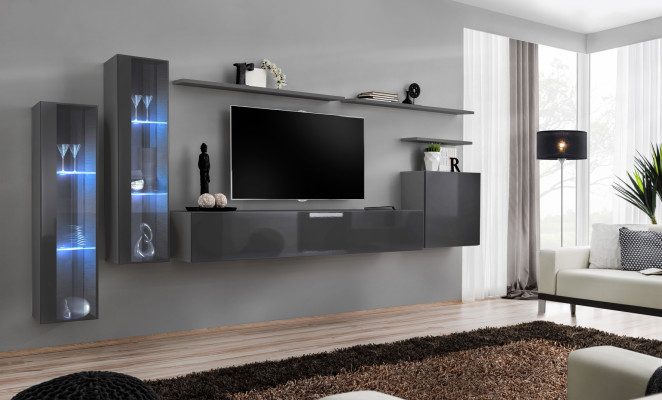 Grijze woonwand woonkamer wandplank tv-standaard luxe set meubels modern