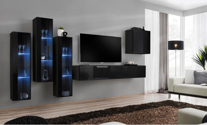 Zwart woonkamer wandmeubel set vitrinekast wandplank 5-delige inrichting.