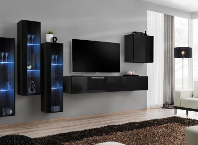 Zwart woonkamer wandmeubel set vitrinekast wandplank 5-delige inrichting.