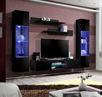 Woonkamer Zwart Muurplanken Compleet Designer Interieur Hangende Vitrine Nieuw