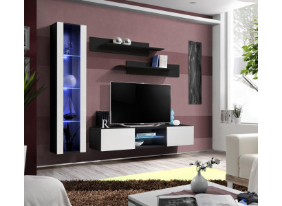 Luxe woonkamer inrichting hangende vitrine woonkamer design set muurrekken