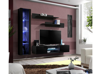 Zwart woonwand luxe set 4-delig. Woonkamer RTV hangvitrine Moderne wandplanken