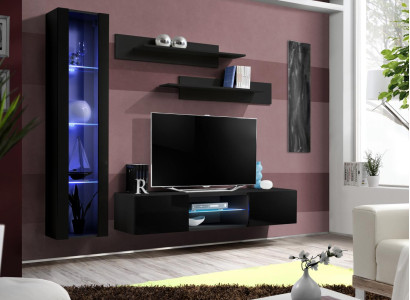 Zwart woonwand luxe set 4-delig. Woonkamer RTV hangvitrine Moderne wandplanken