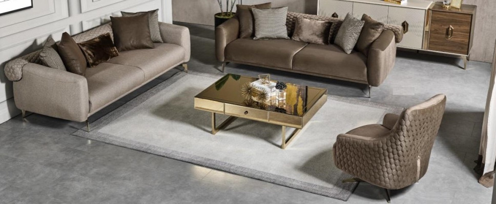 Bruingrijze bankstel 3+3 zits + fauteuil Designer gestoffeerde bankstellen