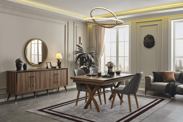Bruine eetkamerset, ontwerper eetkamerset, eettafel, stoelen, spiegel.