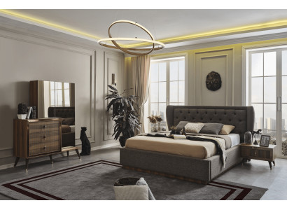 Modern slaapkamer set met designerbed, 2 nachtkastjes, commode en spiegel.