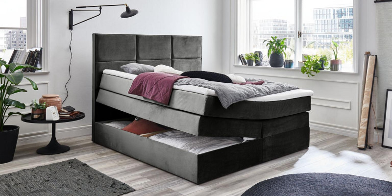 Grijze chique tweepersoonsslaapkamer houten meubels ontwerp elegant gestoffeerd stof