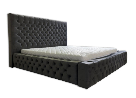 Chesterfield grijs tweepersoons slaapkamer houten meubeldesign elegante bekleding stof