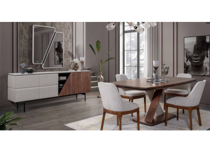 Bruin-Grijze eetkamer set Eettafel 4 stoelen Commode Spiegel 7-delige.
