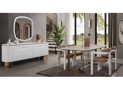 Eetkamer set: Eettafel, 4x stoelen, dressoir, spiegel, modern set, wit eetgroep.