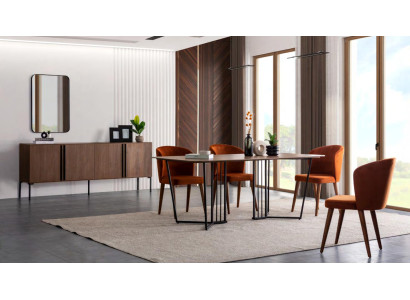 Eetkamer set Eettafel 4x Stoelen Commode Spiegel Modern Set Bruin Eetgroep