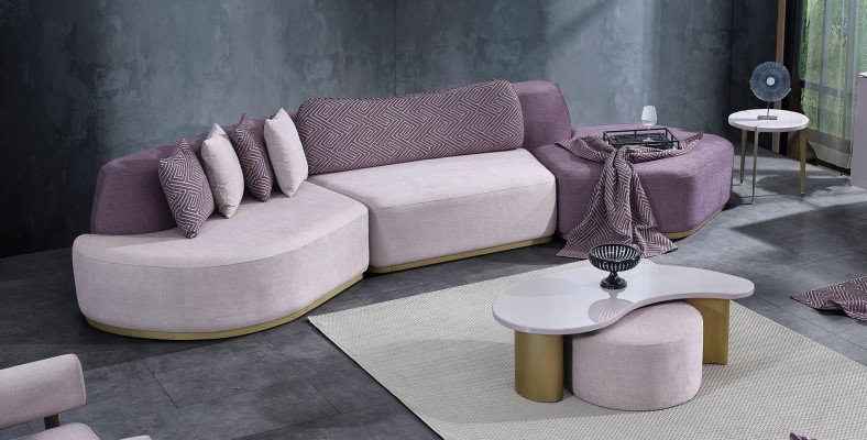 Bankstel Grote woonlandschap Roze stoffen bankstellen Modern Set 7-delig