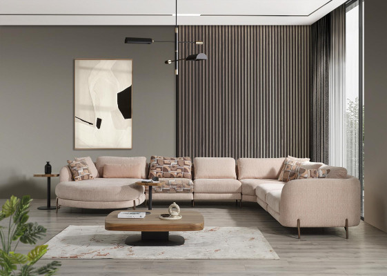Woonkamerset 6-delig hoekbank U-vorm houten salontafel luxe inrichting  Woonkamerset 6-delig hoekbank U-vorm houten salontafel luxe inrichting