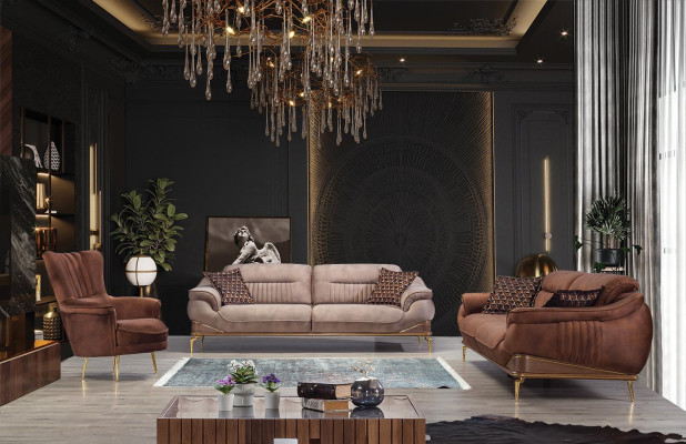 Woonkamerset 2x driezitsbank luxe fauteuil inrichting designbank.
