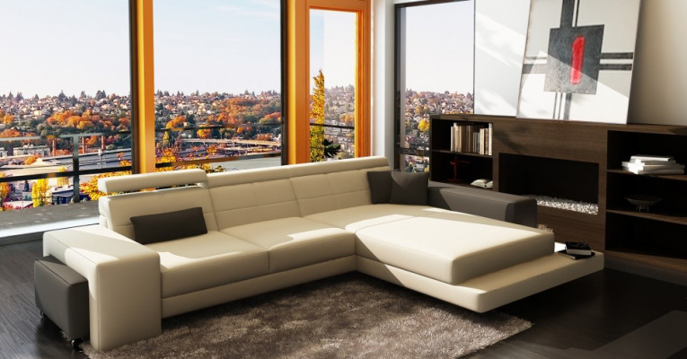 Hoekbank + USB-beklede bank Woonlandschap Zithoeklounge Lederen textiel Geroda