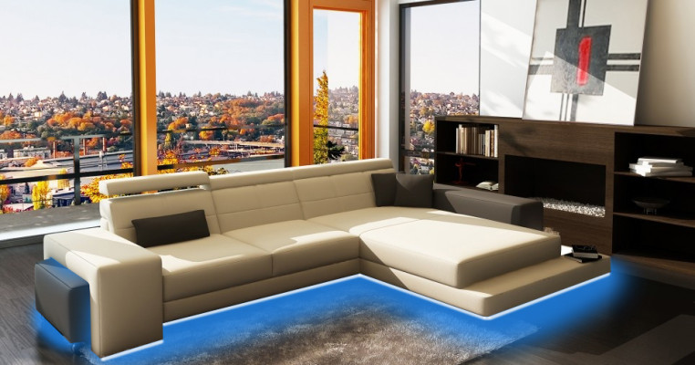 Hoekbank + USB-beklede bank Woonlandschap Zithoeklounge Lederen textiel Geroda