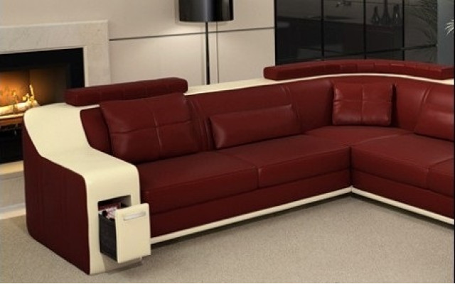 Hoekbank van leer en textiel bank met USB, gestoffeerde woonlandschap L set zitting Isching