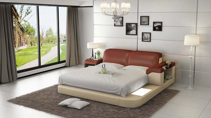 Ontwerpbed XXL Groot Bed Lederen Bekleding Hotel 200x200cm Multifunctioneel Plank USB