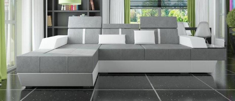 Stoffen hoekbank van textiel stof, nieuw gestoffeerd textiel bankstel met USB-aansluiting