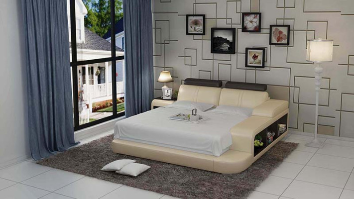 Ontwerp Gestofferd Tweepersoonsbed Moderne Bedden Slaapkamer met USB & Rek 180x200cm