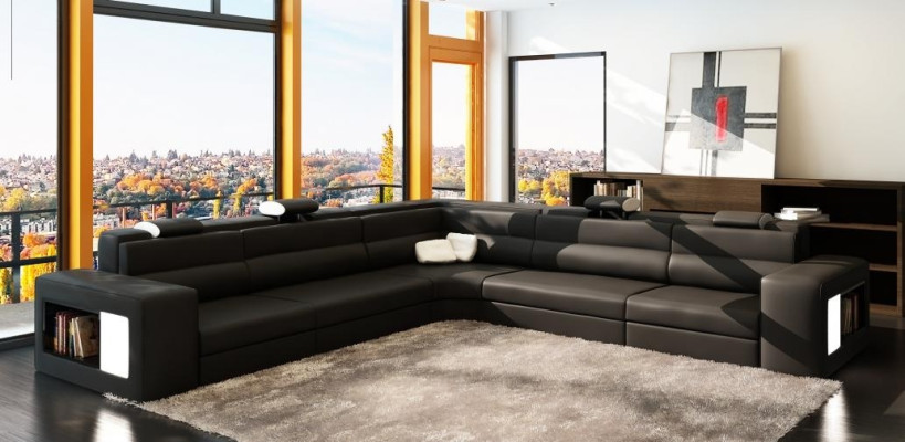 Ledersofa Bank Bank Hoekbank Zitbekleding Woonlandschap XXL Big Weiden Zwart