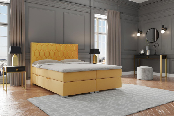 Boxspring bed hotel dubbele luxe bedden gestoffeerde functie bedlade geel fluweel