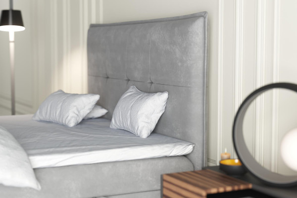 Boxspring bed hotel dubbel textiel grijs luxe bedden gestoffeerde bedlade functie.