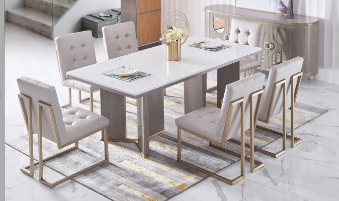 Eetkamer design meubilair, stoelengroep, tafel, 6 leuningstoelen, set meubilair nieuw.
