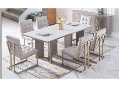Eetkamer design meubilair, stoelengroep, tafel, 6 leuningstoelen, set meubilair nieuw.