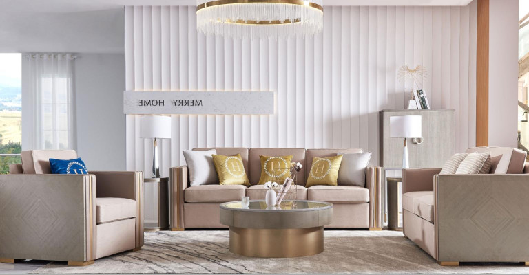 Driedelig ontwerp gestoffeerde stoel textiel bank 3-zits meubels Beige Nieuw luxe meubels.