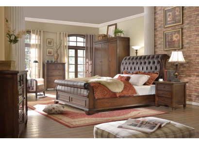 Chesterfield bed van leer met gestoffeerd, tweepersoonsbed van ontwerper 180 x 200cm, barokstijl.