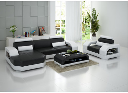 Leren bank bankstel hoekbank + fauteuil set ontwerp modern LED USB