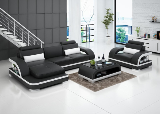 Leren bank bankstel hoekbank + fauteuil set Moderne bank LED + USB.