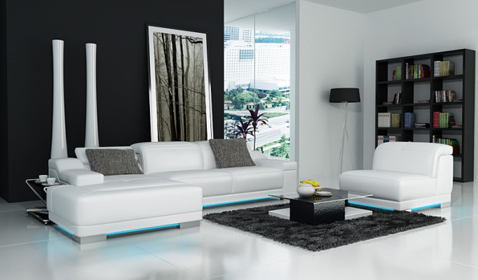 Ledersofa Bank Bank Woonlandschap Hoekbank Hoek Set Ontwerp + Fauteuil K5002D